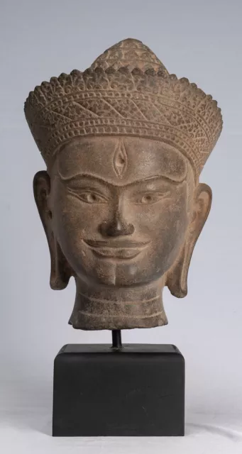 Antique Angkor Wat Style Stone Mounted Khmer Buddha Head - 39cm / 16"