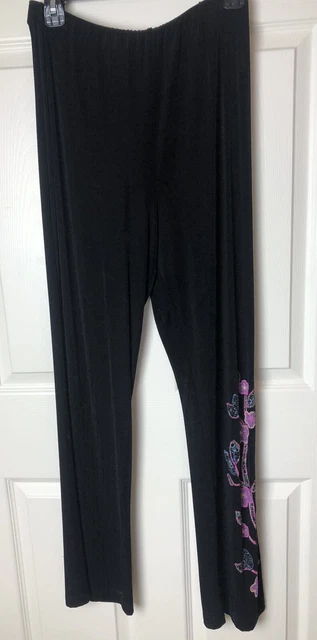 Carolyn Strauss Sz Small Embroidered Pants Black Slinky Stretchy Elastic Waist