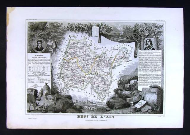 1852 Levasseur Antique France Map Department de L'Ain - Belley Bourg Gex Nantua