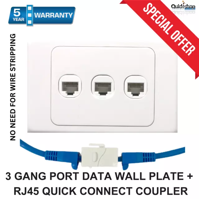 3 Gang Data Wall Plate + Quick Connect Coupler CAT6 RJ45 Network LAN Port Jack