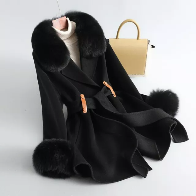 Women Long Cashmere Jacket Winter Trench Wool Coat with Fox Fur Collar Cuffs