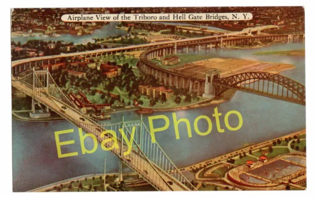 1940 NEW YORK CITY Color Postcard - AIRPLANE VIEW OF TRIBORO & HELL GATE BRIDGES