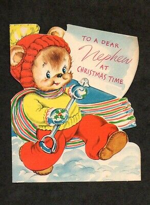 Early 1950s Christmas Card For Nephew Teddy Bear Snow Shovel American Greetings