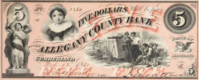 $5 1861 Maryland Allegany County Bank MD930-20 UNC Uncertified