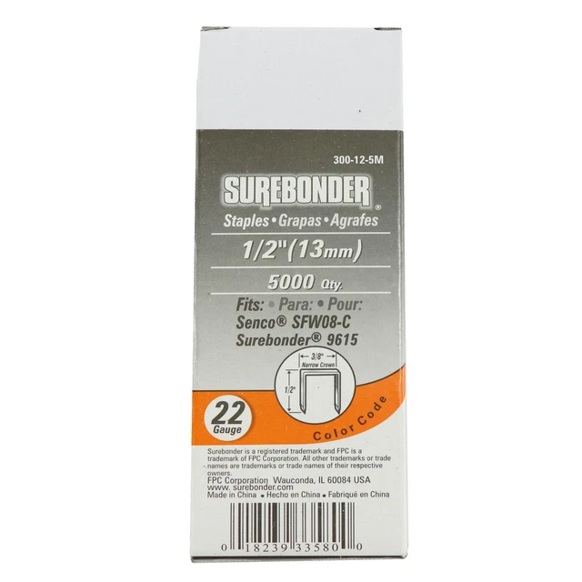 Surebonder 1/2" Narrow Crown 22 Gauge Upholstery Staples - 5,000 Pack