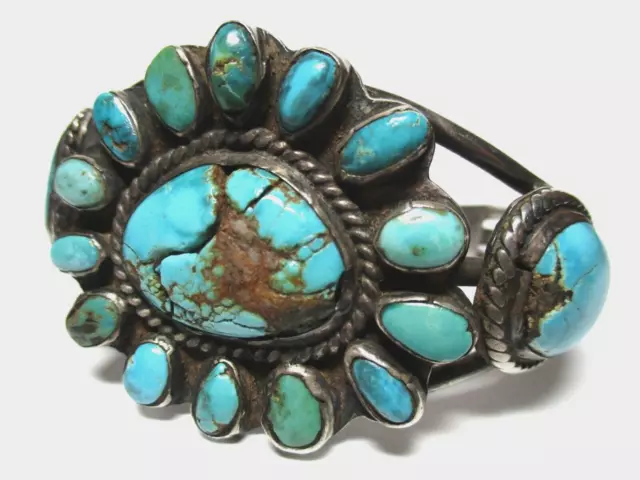 Great Vintage Sterling Silver & Turquoise Cluster Cuff Bracelet, Southwest,