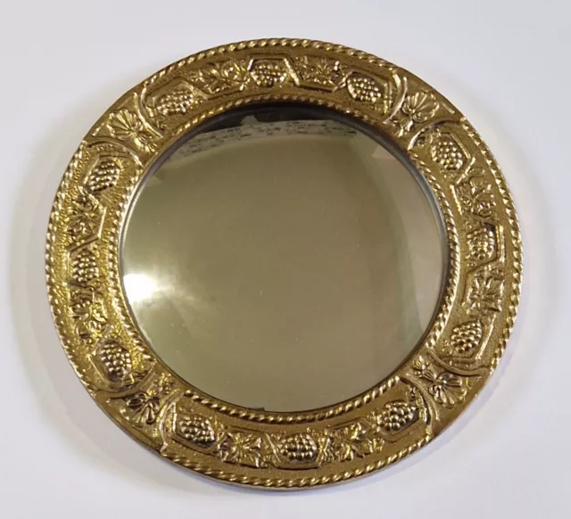 Vintage round brass wood Arts & Crafts hall wall mirror 'porthole' convex glass