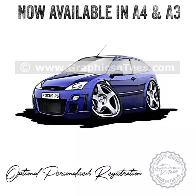 RS Focus MK1 Blue Caricature Car Cartoon A4 Print - Available in A4 & A3 Sizes