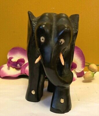 Vintage Ebony Wood Hand Carved African Elephant Figurine Statue 5" x 5"