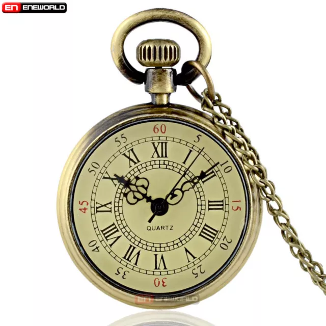 Retro Bronze Pocket Watch Quartz Open Face Antique Necklace Chain Pendant Gift