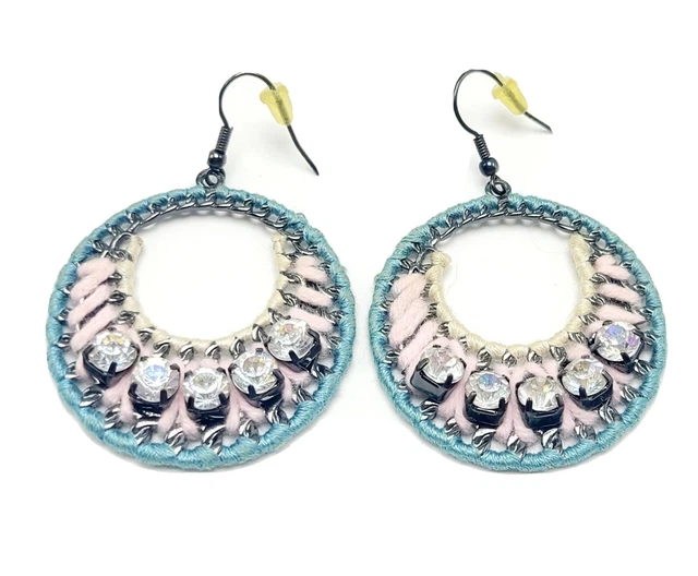 Pink And Teal Woven Dangle Drop Hook Earrings With Rhinestones Cute Circles