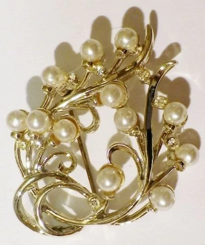 Broche Vintage Bijou Or Perle Nacré Blanc Cristaux - Occasion - Belle Pièce