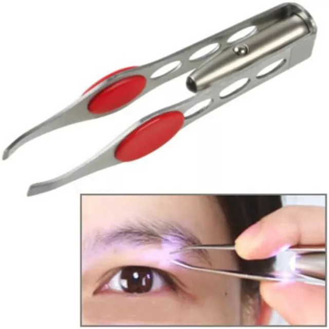 Stainless Steel Make Up LED Light Eyelash Eyebrow Hair Removal Lighted Tweezer