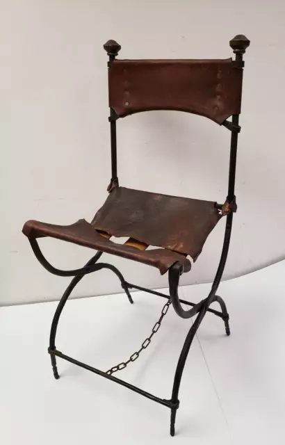 RARE 34.5" Antique 19th Century Wrought Iron & Savonarola Leather Folding Chair
