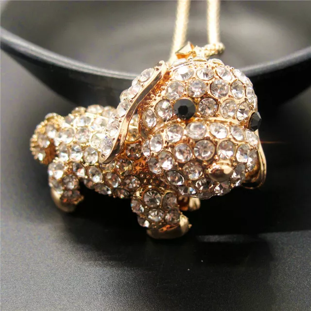 Betsey Johnson Cute Rhinestone Bling 3D Puppy Dog Crystal Pendant Chain Necklace