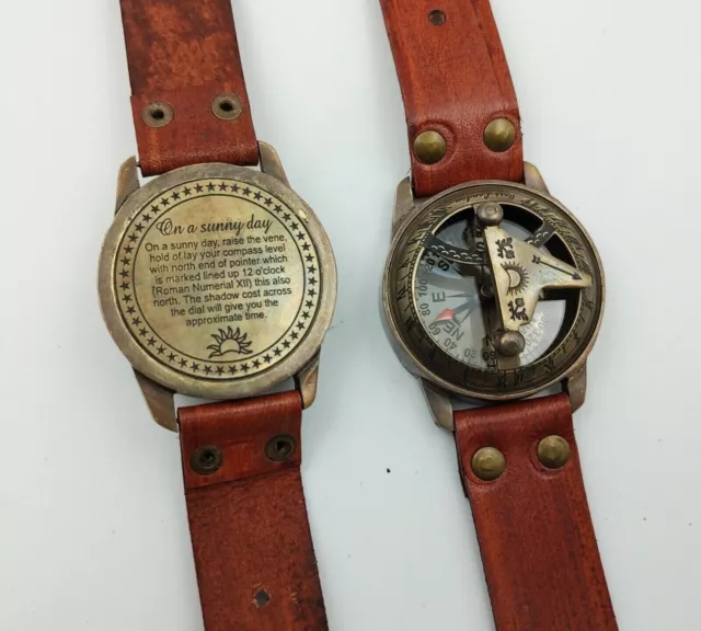 Maritim Messing Sonnenuhr Kompass Handgelenk Uhr Leder Nautisch Perfekt Geschenk