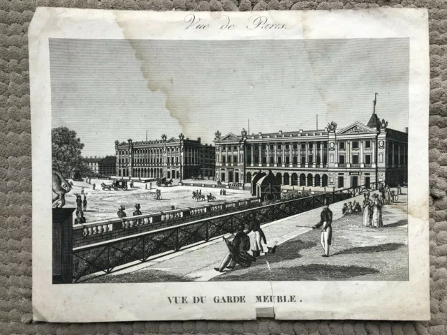 GRAVURE ANCIENNE PARIS vue du GARDE MEUBLE place Concorde début XIXe