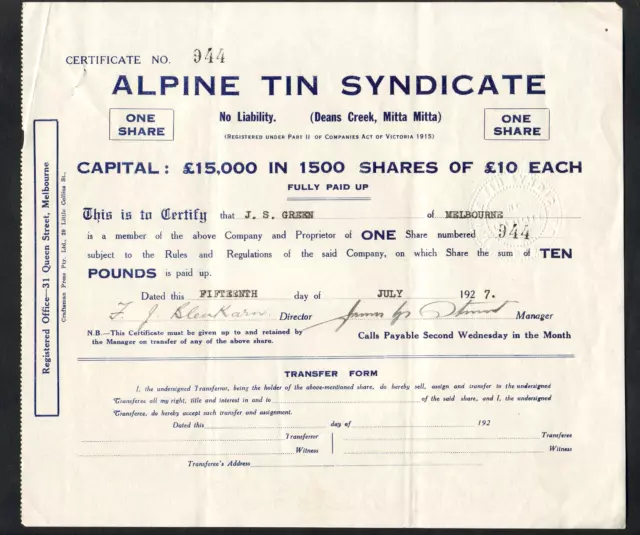 Share Scrip - Mining. 1927 Alpine Tin Syndicate.. Deans Creek, Mitta Mitta Vic