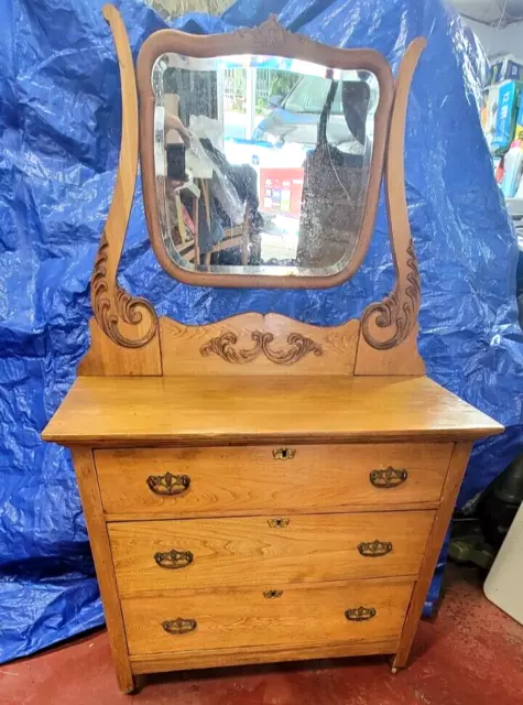 Antique Victorian Oak 4 Drawer Chest with Beveled Glass Wishbone Mirror Dovetail