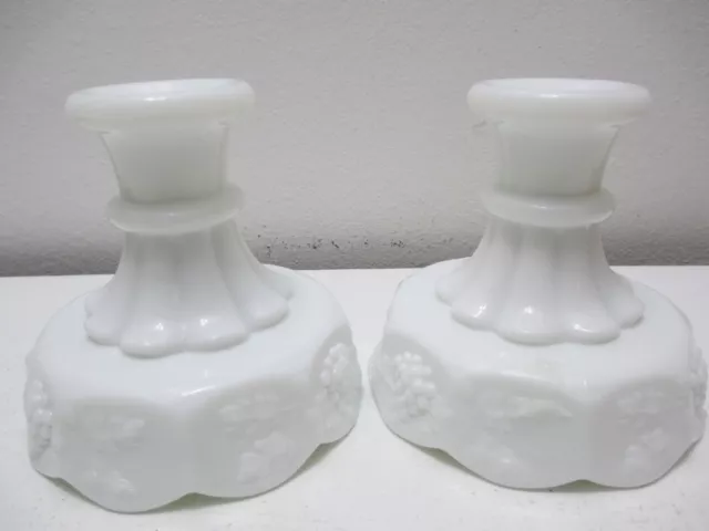 Vintage Westmoreland Glass PAIR Candle Holders Paneled Grape White Milk Glass 4"