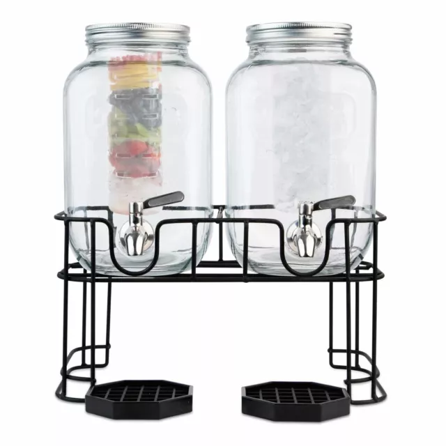 Dual Gallon Glass Beverage Dispensers with 2 Sets of Fruit & Ice Infuser Inserts