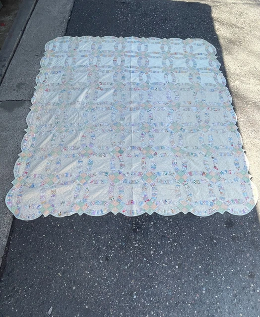 Vintage Antique Patchwork Handmade Quilt Bedspread Hand Sewn Wedding Ring