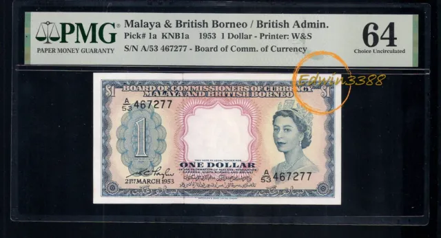 BOC, Malaya & British Borneo 1953 1 Dollar Queen Elizabeth (PMG 64)