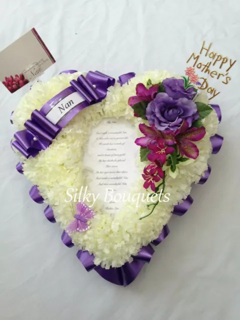 Artificial Silk Funeral Flower Heart Poem Photo Tribute Wreath Purple Mum Nan