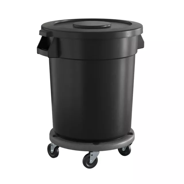 Commercial Round Plastic Trash Can with Lid and Dolly 20 Gallon Black