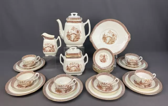 Antique English 30 Pc Set WILLOW BROWN Tea Dessert Service for 6; Nr Mint