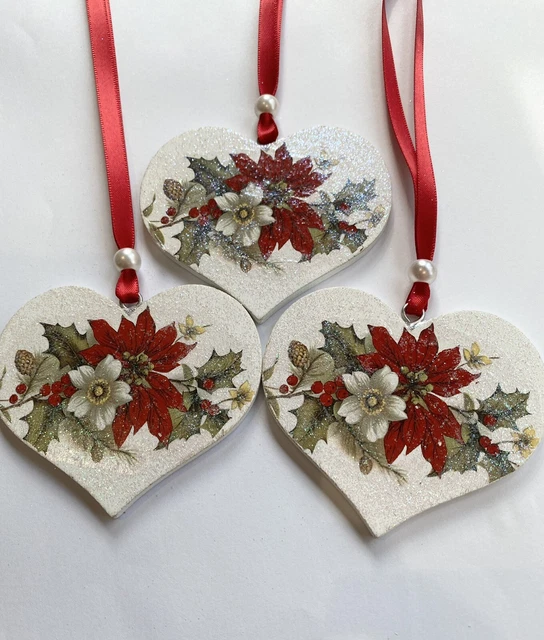 3 x Poinsettia Christmas Hanging Decorations  Vintage Decals Flowers Red