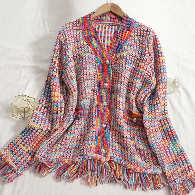 Femme Arc-en-Ciel Rayé Cardigan Haut Col V Bouton Gland Pull Manteau Casual Chic