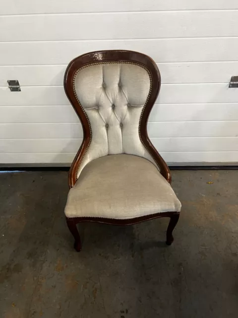 Vintage Style Bedroom Low Chair Grey Upholstered Button Back Studded Wooden