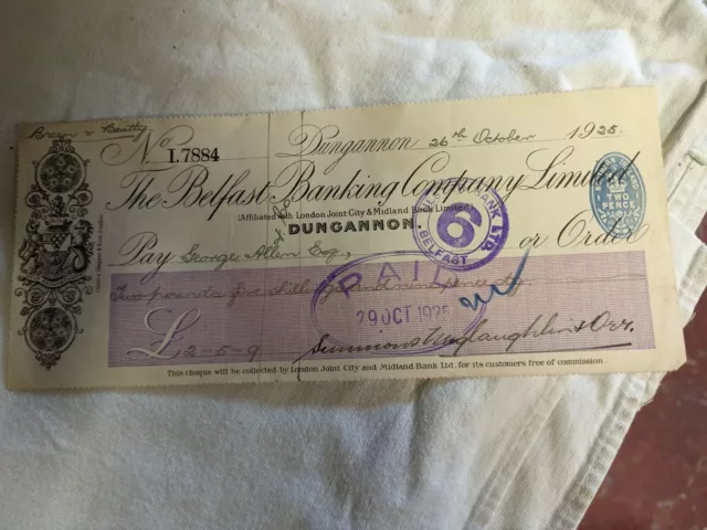 Old Belfast Banking Company Cheque dated October 1925