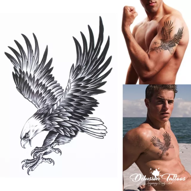 Eagle Temporary Tattoo - Black, Bald Eagle, Mens, Womens, Kids, Realistic, Fake