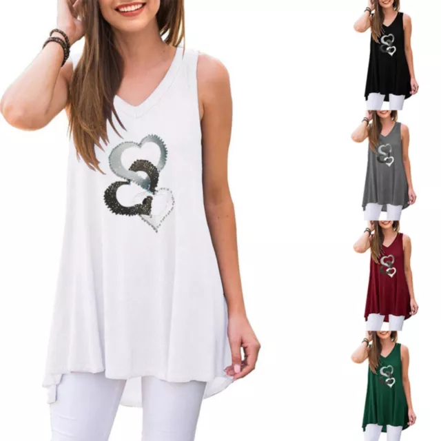 Love V Neck Casual Loose Cinched Waist Sleeveless T Shirt For Woman