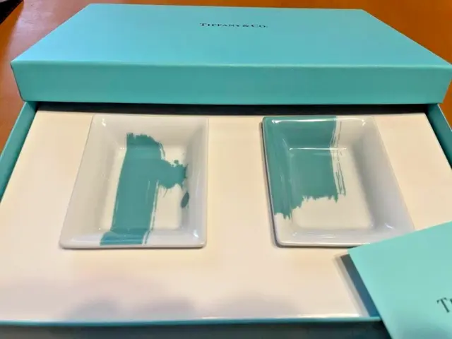 Tiffany & Co. Color Block Small Plate Tray Videpoche Vide Poche Set of 2 w/Box