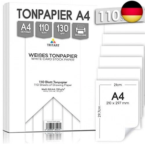 Tritart - Tonpapier Weiß A4 130g /m² I 110 Blatt festes Bastelpapier HOCHWERTIG