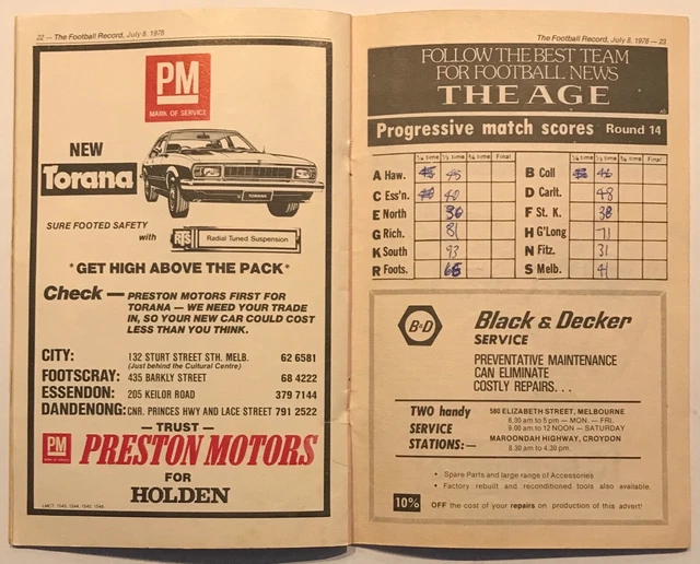 1978 VFL HOME & Away Football Record Richmond v Geelong 8 July 15.00 PicClick AU