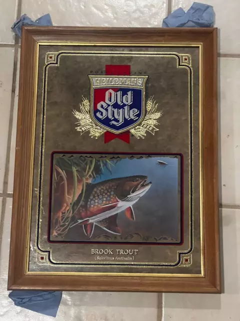 NOS OLD STYLE mirror beer sign BROOK TROUT wildlife series framed