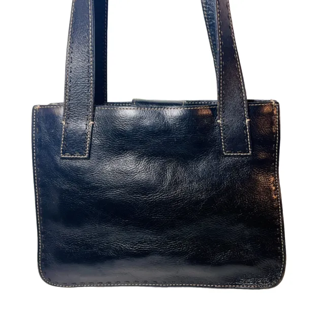 Fossil Pebbled Leather Purse Black Shoulder Bag Double Handles 3 Compartments