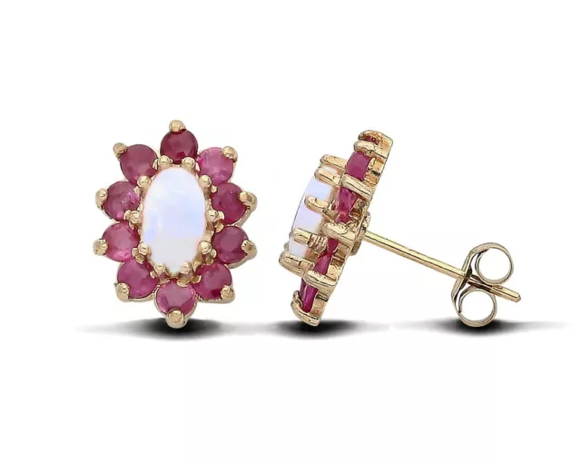 9ct Yellow Gold Natural Opal & Ruby Cluster Stud Earrings