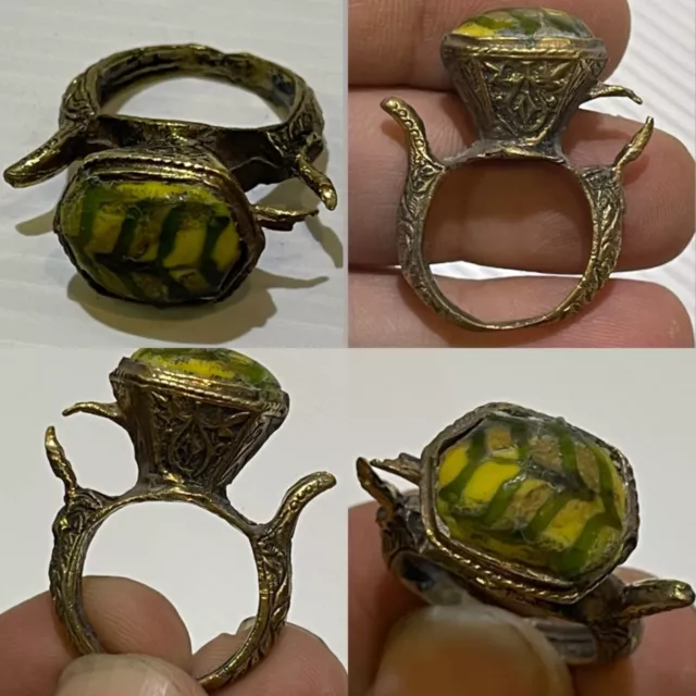 Unique Rare Ancient Brass Phoenician Roman Glass Face Ring 300Bc