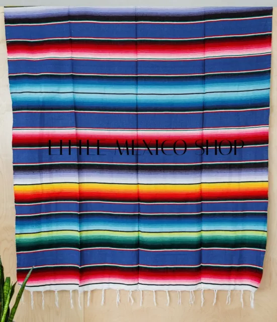 MEXICAN SARAPE Blankets - Multi Royal Blue Southwestern Saltillo Yoga 5' x 7'