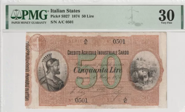 Italy 1874 50 Lire PMG Certified Banknote VF 30 Pick S927 Italian States