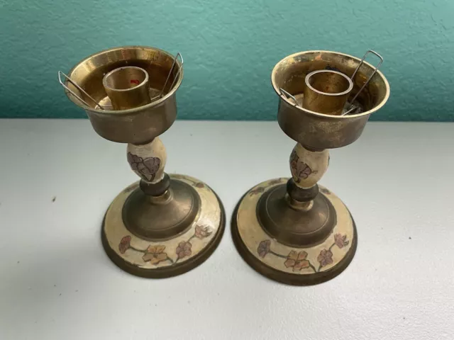 Vintage Cloisonne Candlestick Pair Solid Brass Flowered Made In India 5 1/2"