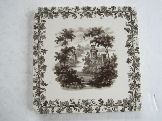 ANTIQUE VICTORIAN 5" COPELAND TRANSFER PRINT LANDSCAPE TILE  - c1875