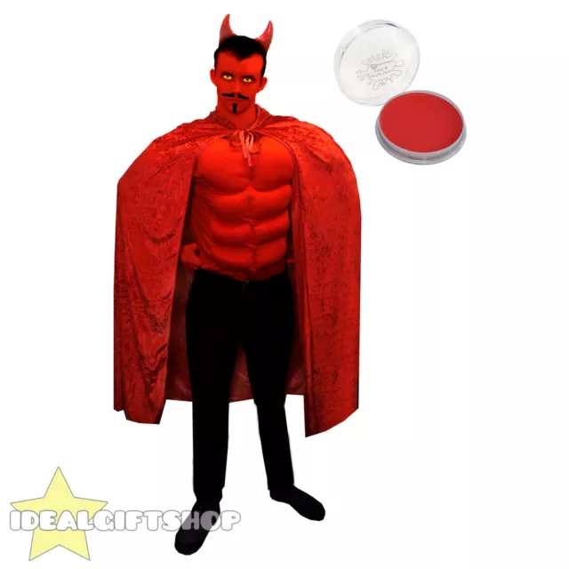 Mens Red Devil Halloween Fancy Dress Costume Cape Muscle Chest Horns Face Paint