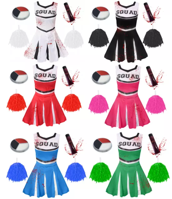 Girls Zombie Cheerleader Costume Childs Halloween School Fancy Dress Teen Kids