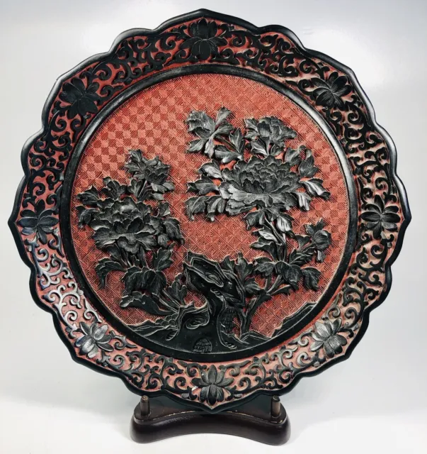 Antique 1920s Chinese Hand-Carved Red Cinnabar Floral Motif Plate 9.5"